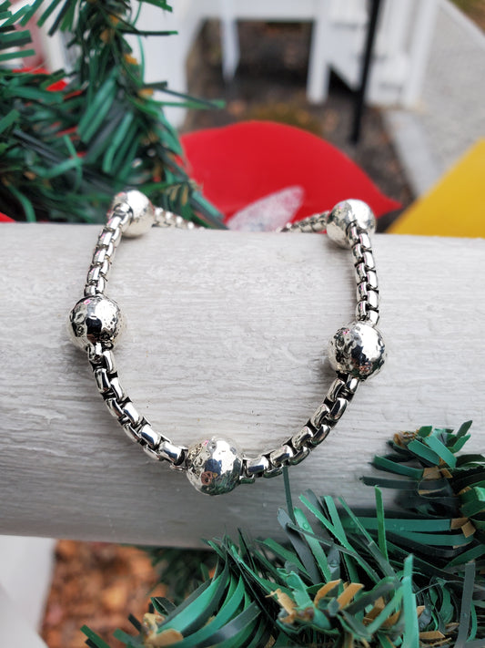 925 Sterling Silver Designer John Hardy JAI Hammered Design Beaded Cable Link Chain Bracelet