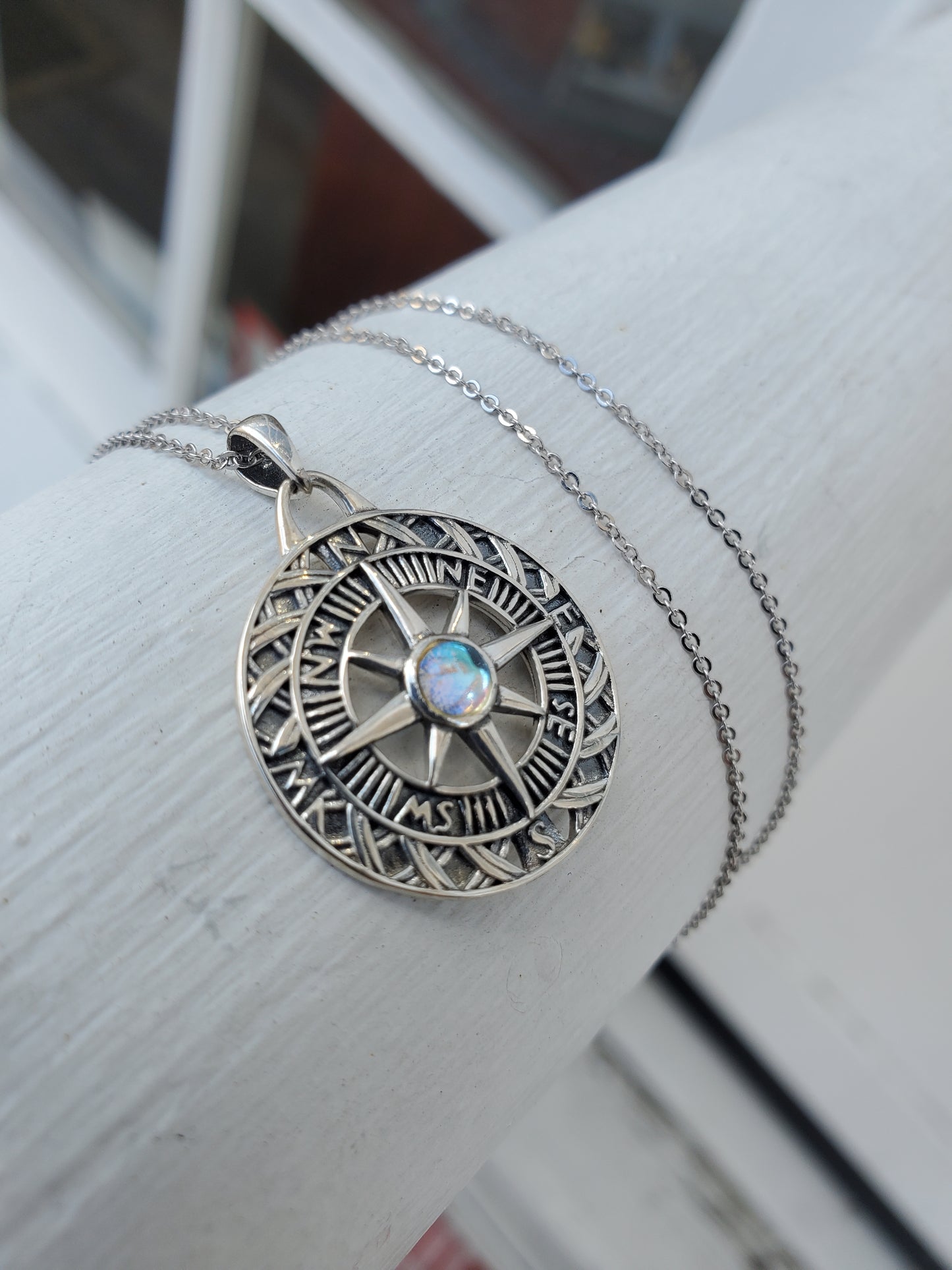 925 Sterling Silver Compass Opalite Medallion Charm Pendant