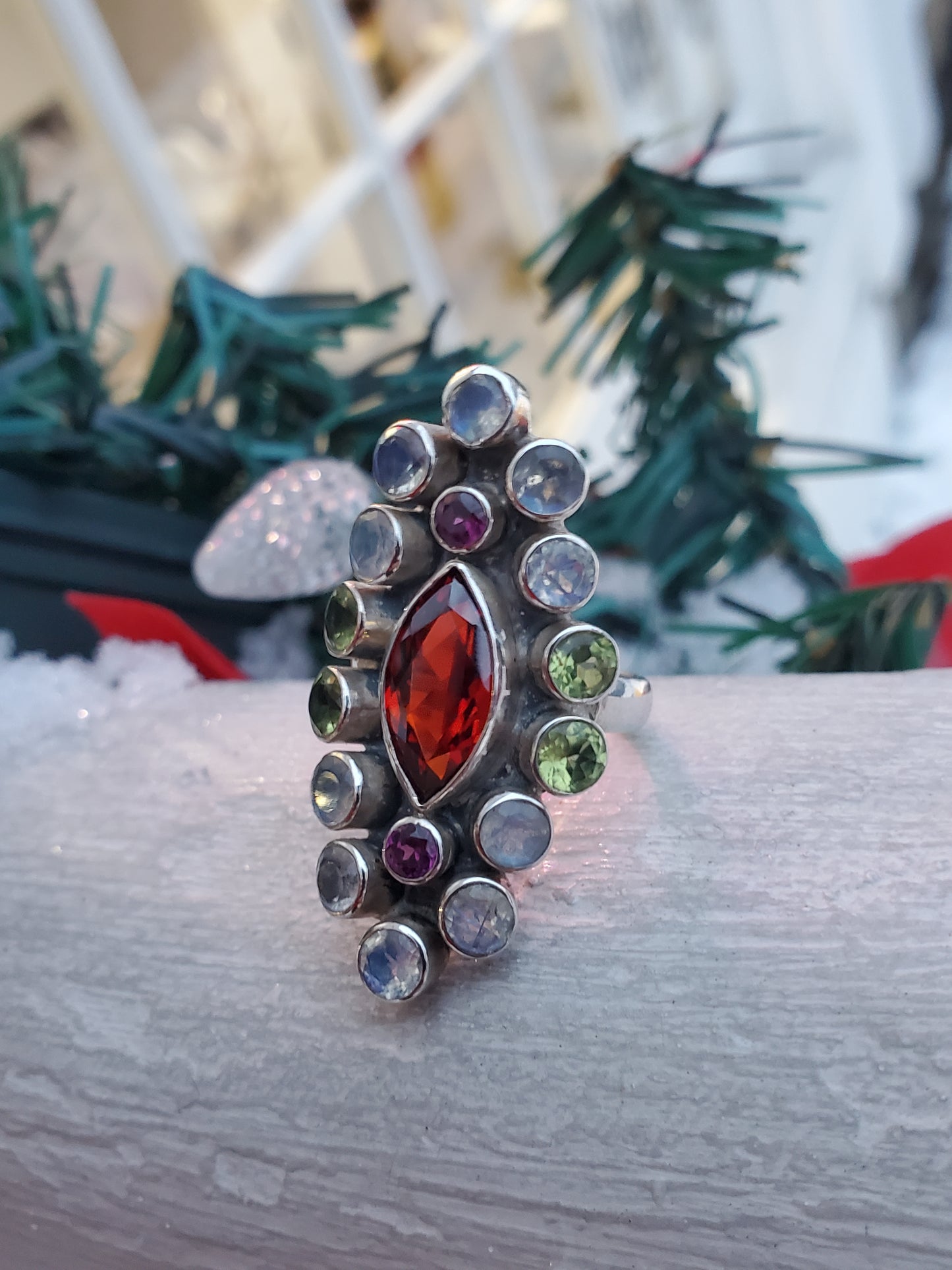 925 Sterling Silver Designer NB Nikki Butler Multi-colored Gemstone Shield Ring