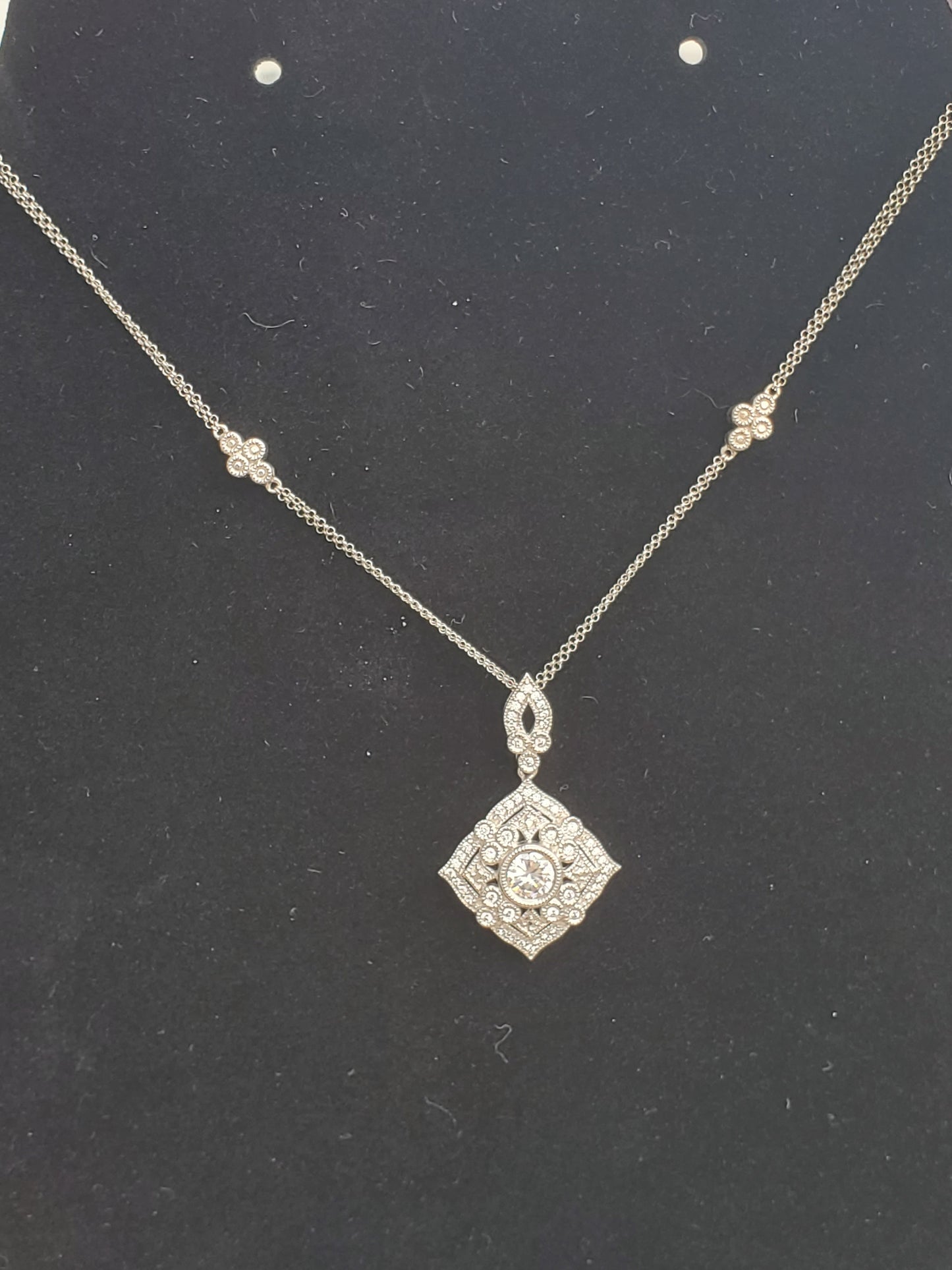 925 Sterling Silver "Sparkling Prestige" Filagre Bezel Set Zirconia Necklace w/ Embellishments