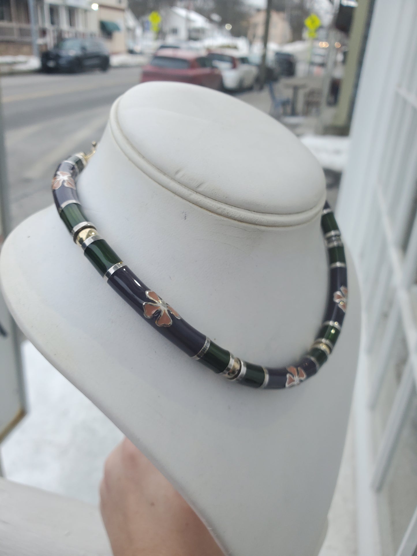 925 Sterling Silver Designer GASTON LEBO Flower Enamel Chocker Necklace