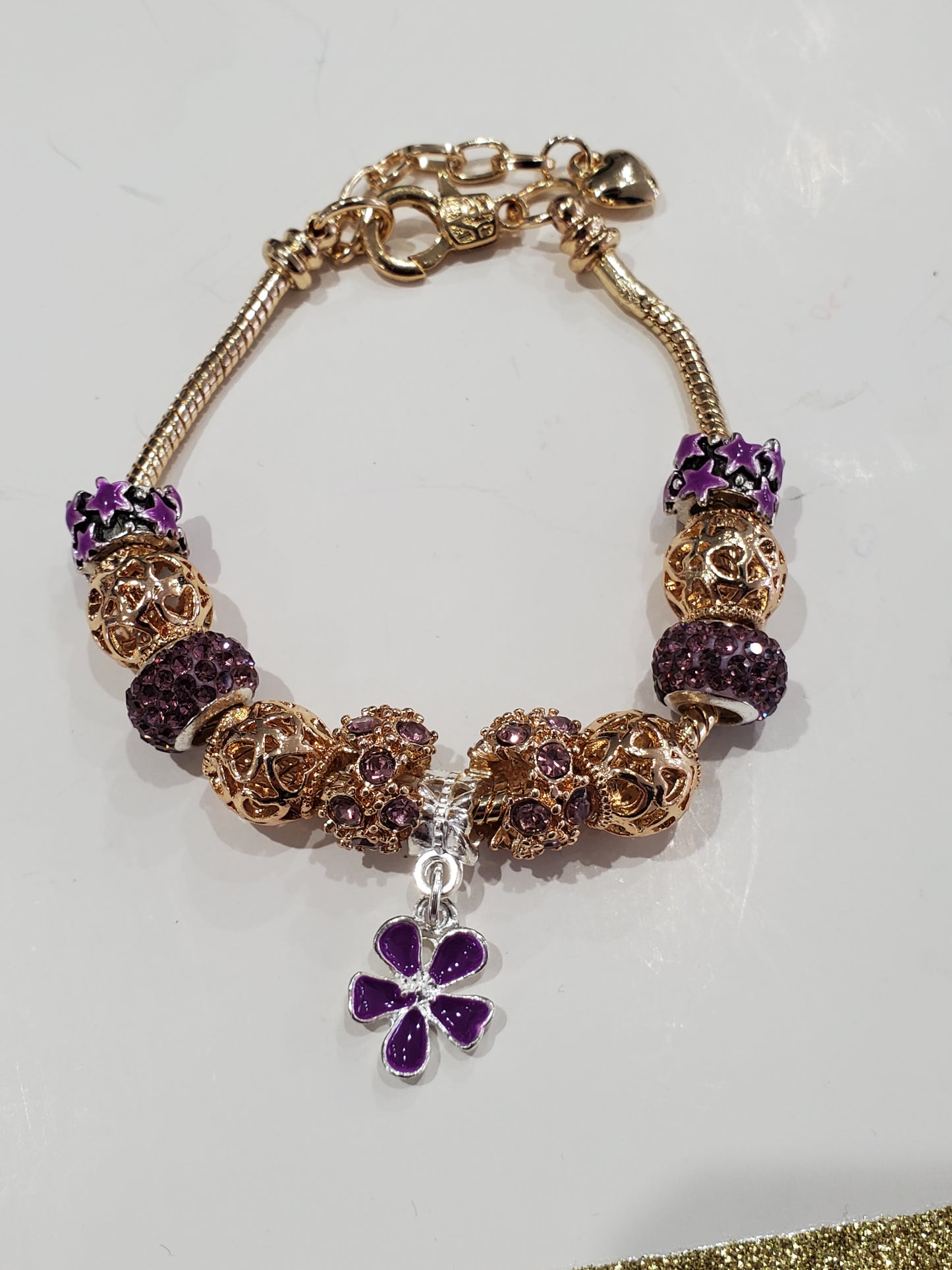 Gold Plated Purple Enamel European Beaded Charm Bracelet