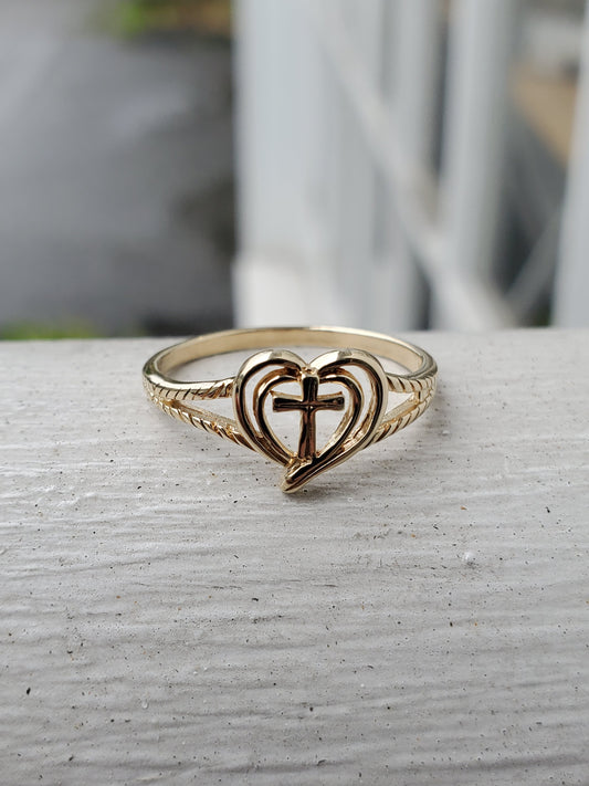 14k Solid Gold Love & Faith Ladies Cross Ring
