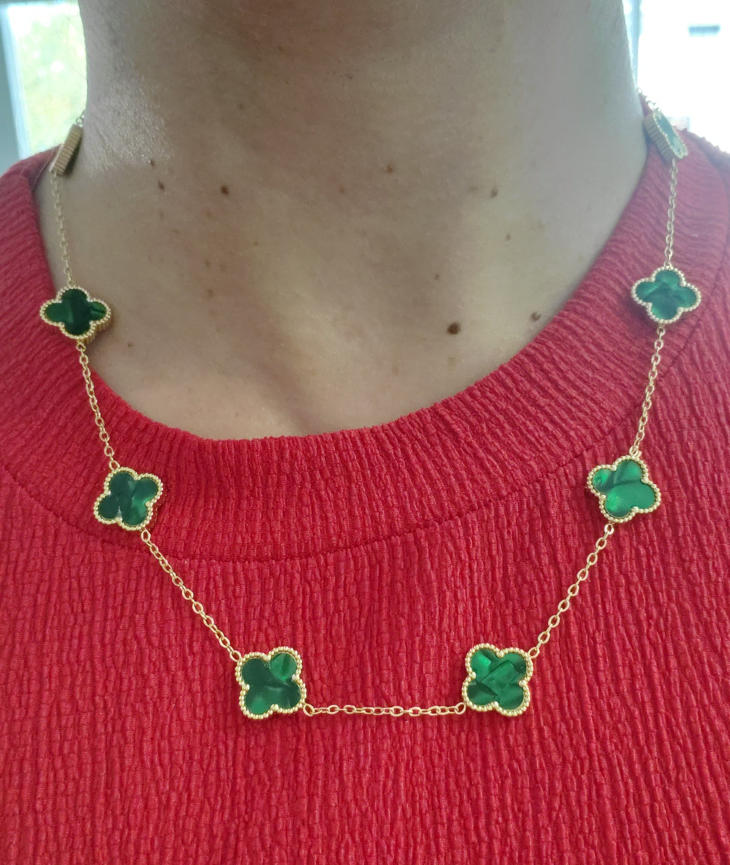 Stainless Steel Gold Color Green Clover Station Van Cleef Style Necklace 18”-20”