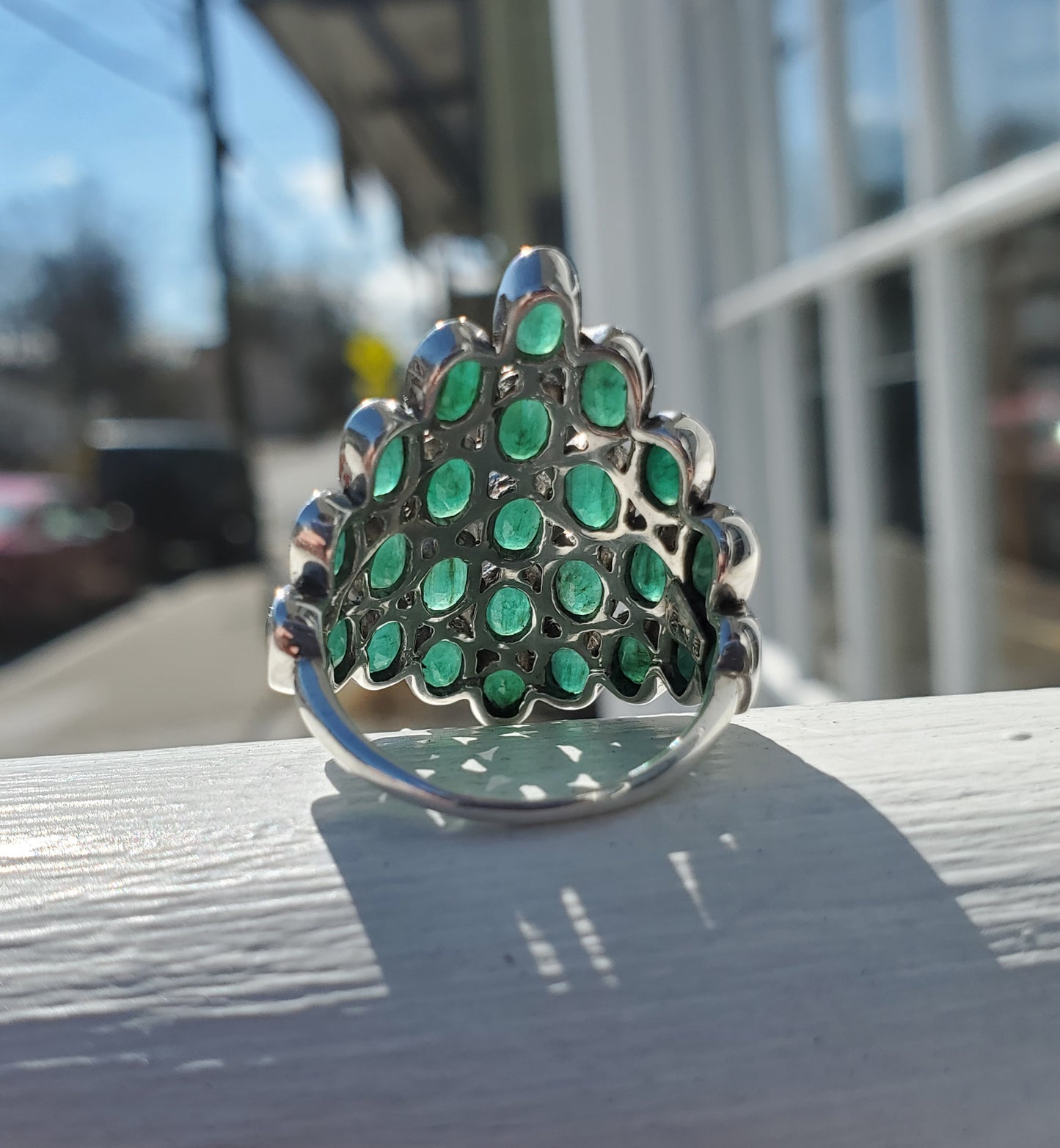 925 Sterling Silver Natural Emerald Cluster Ring