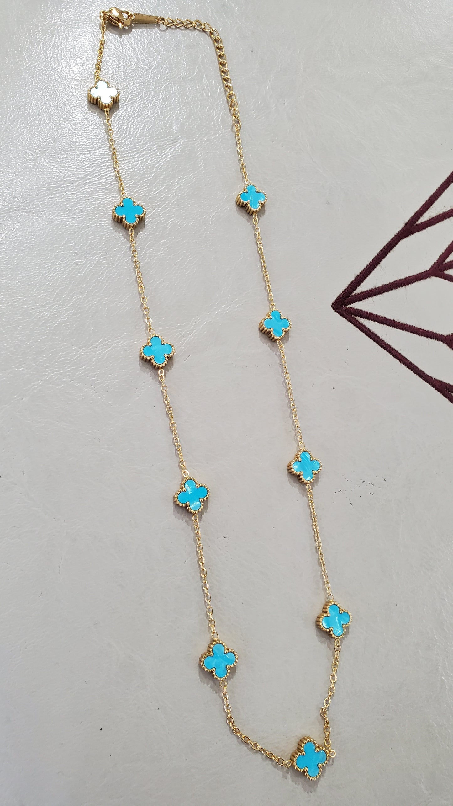 Stainless Steel Vermeil Ladies Sky-blue Quatrefoil Clover Enamel Station Necklace