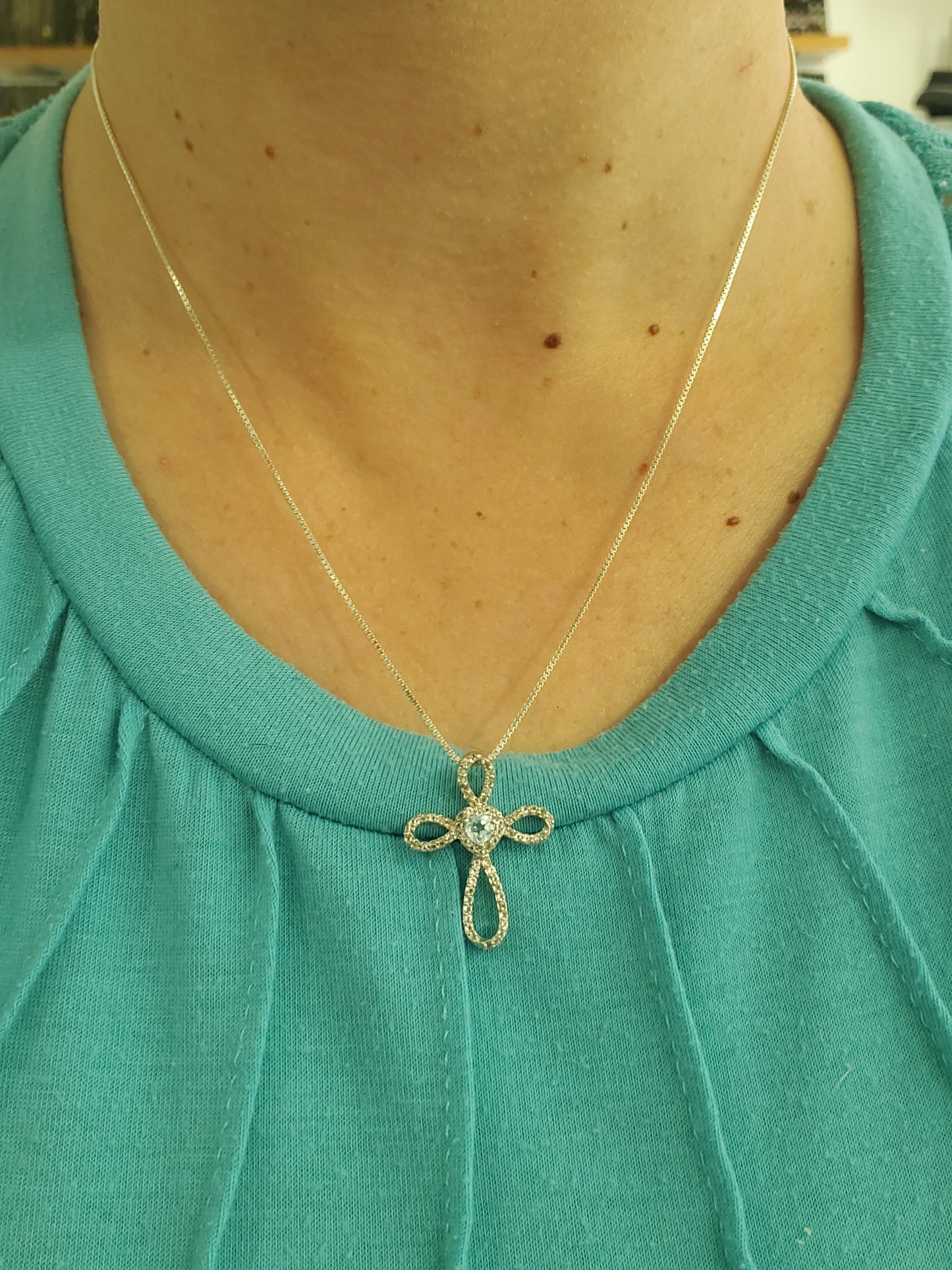 925 Sterling Silver Aquamarine & White Topaz Cross Necklace