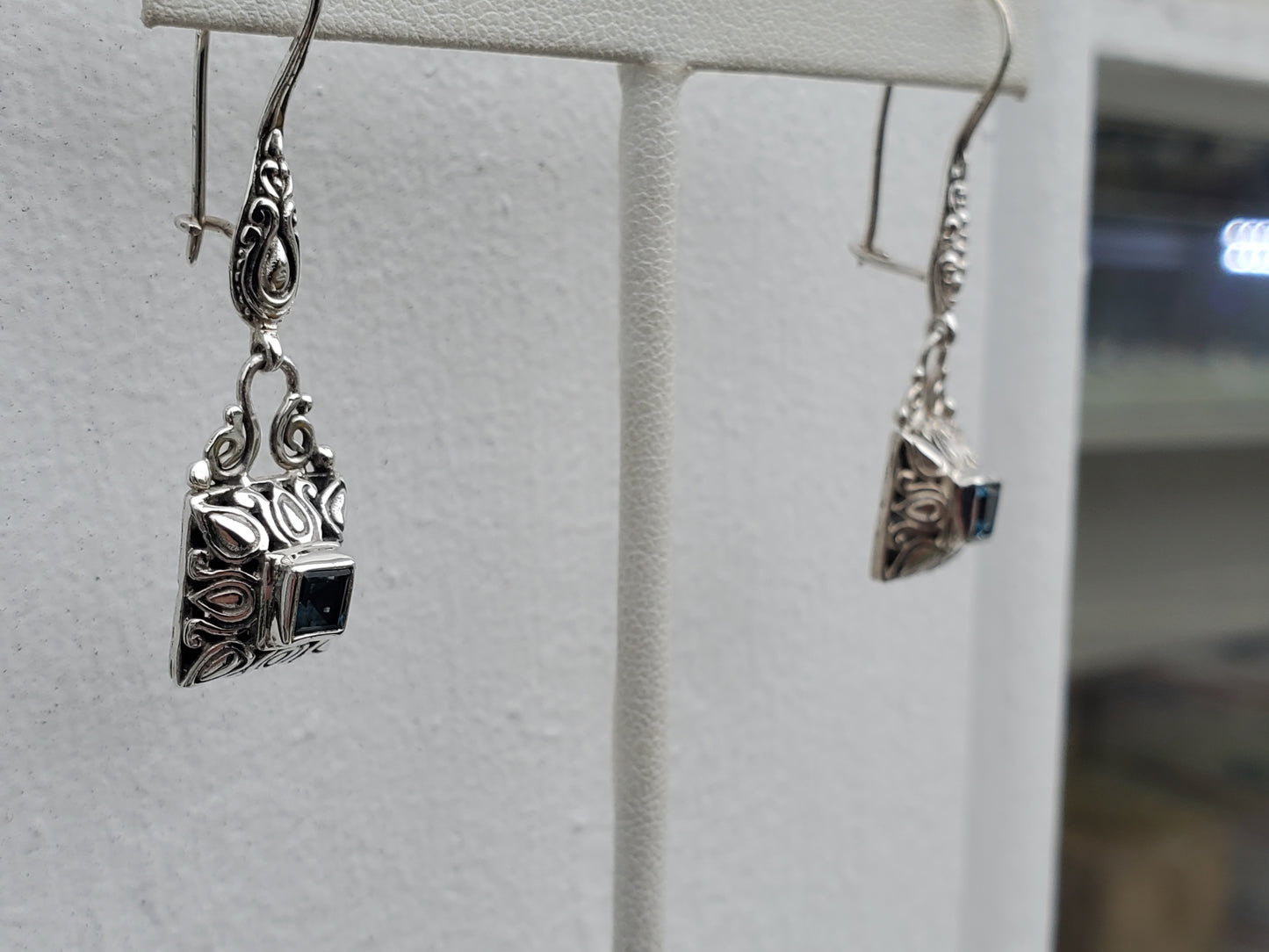 925 Sterling Silver Designer Sarda Blue Topaz Bali Filagre Dangling Earrings