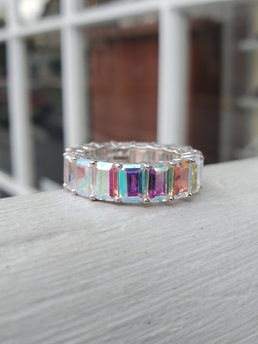 925 Sterling Silver Aurora Borealis AB Crystal Emerald Cut Eternity Band Ring