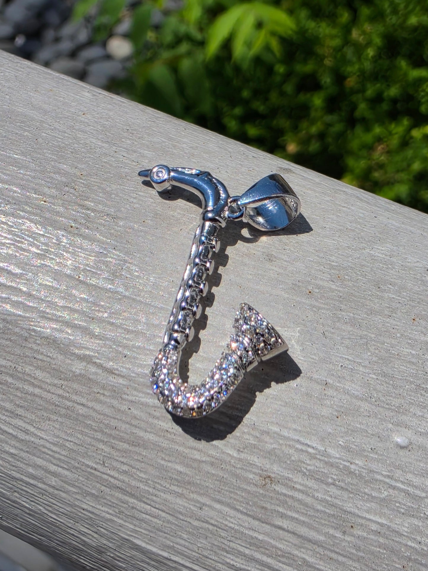 925 Sterling Silver White Spinel Saxophone 3D Pendant Charm
