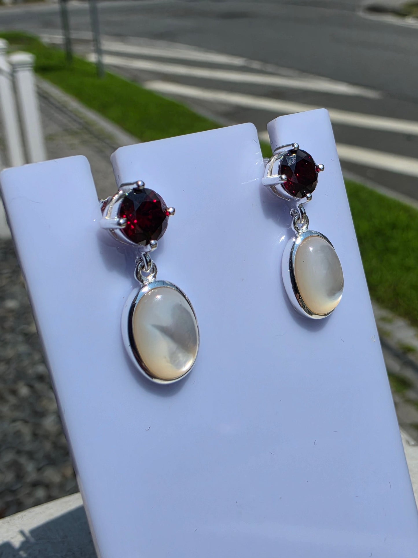 925 Sterling Silver Garnet & Mother of Pearl Dangle Earrings