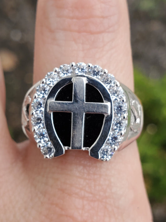 925 Sterling Silver Men's Black Onyx Cross Horseshoe Zirconia CZ Ring