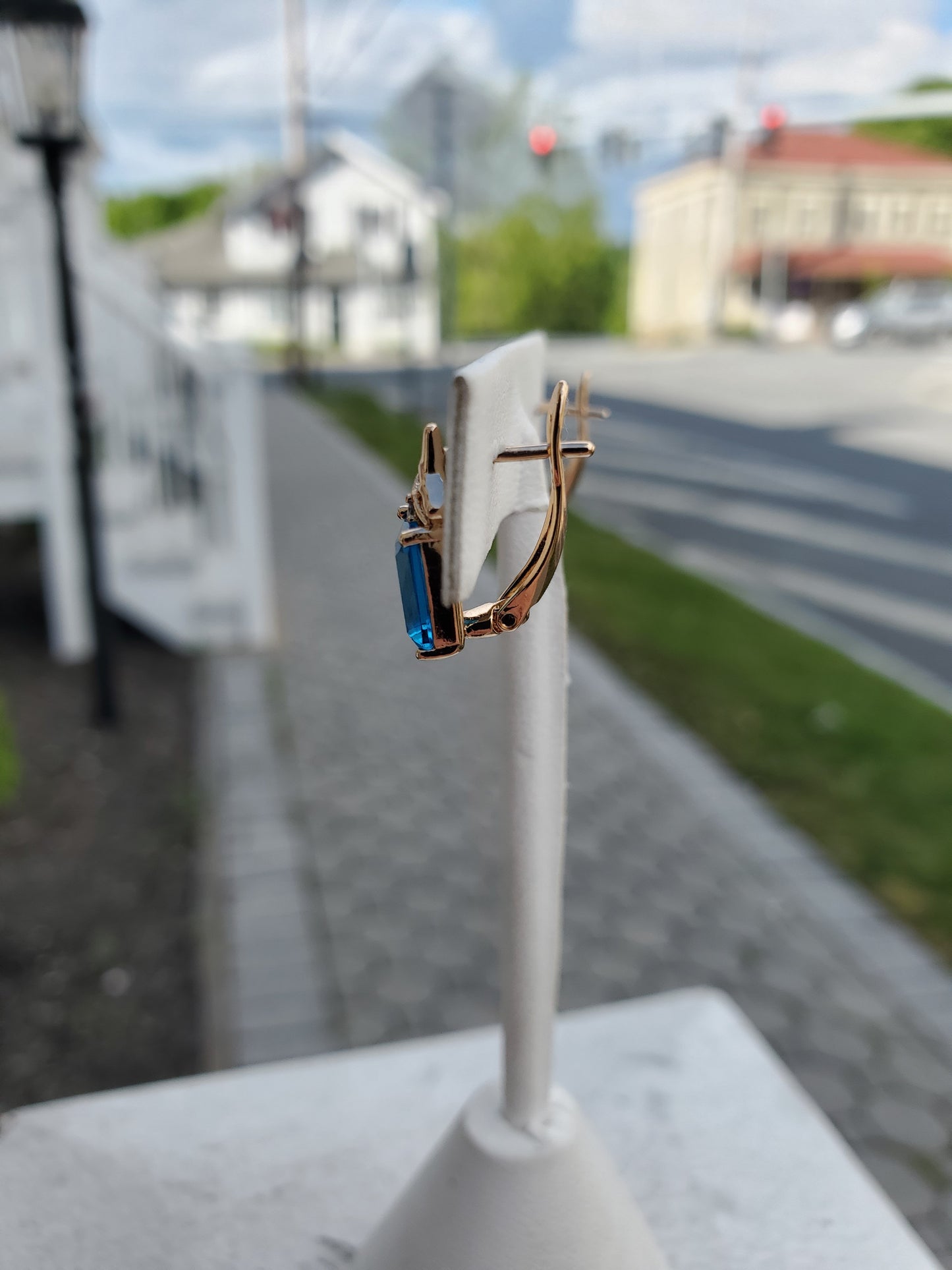 Stainless Steel Gold Plated Simulated Blue Topaz Leaversnap Earrings