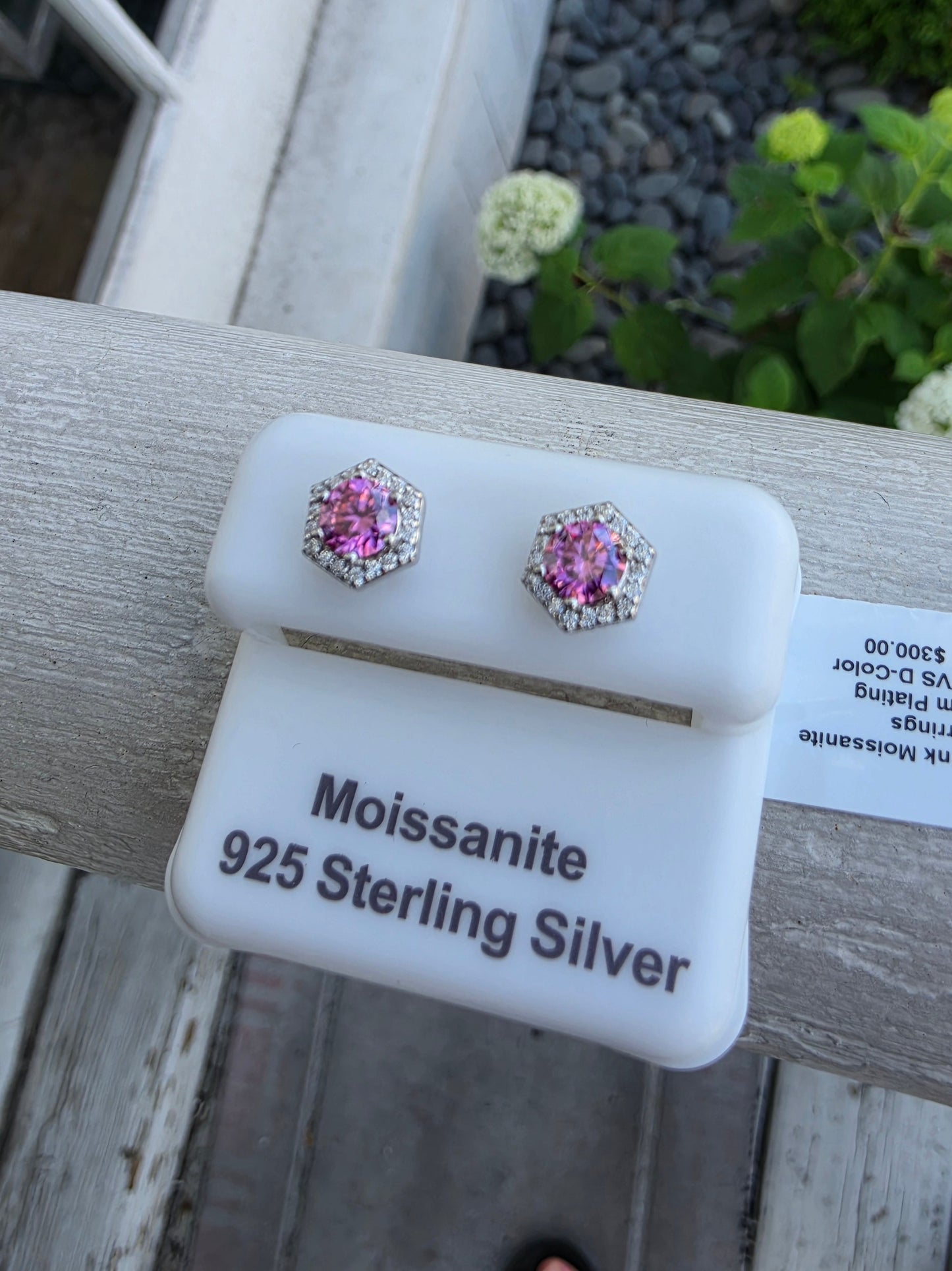 925 Sterling Silver Pink & Clear Moissanite Hexagonal Stud Earrings