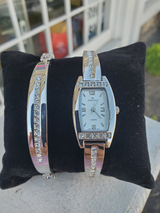 Minco Stainless Steel & Silver Plated Watch & Bracelet Gift Set