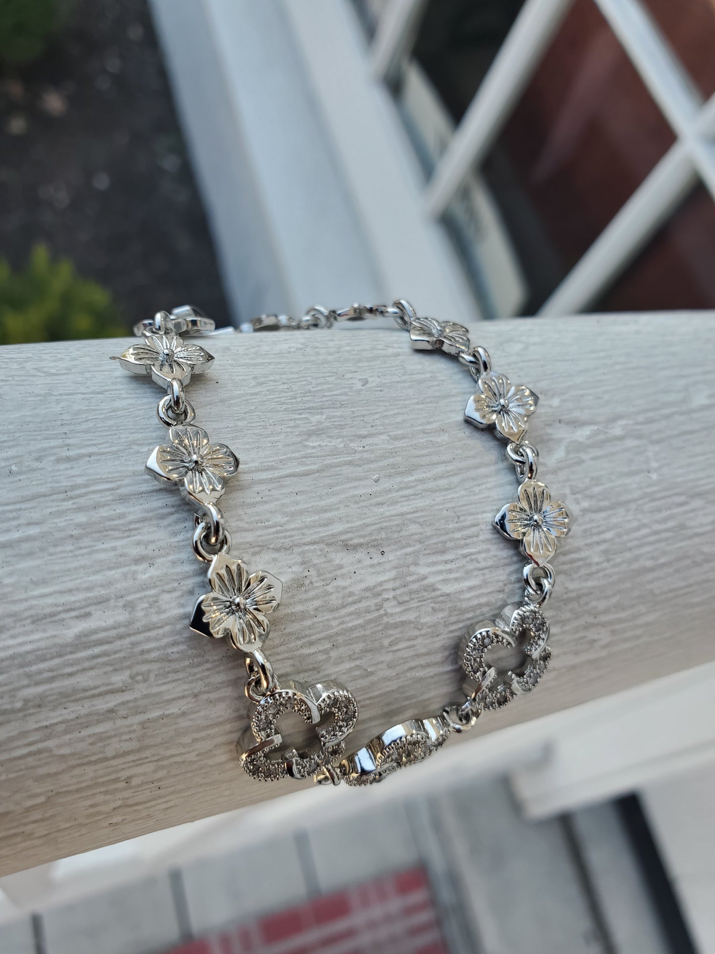 Stainless Steel Floral Blossom CZ Quatrefoil Bracelet