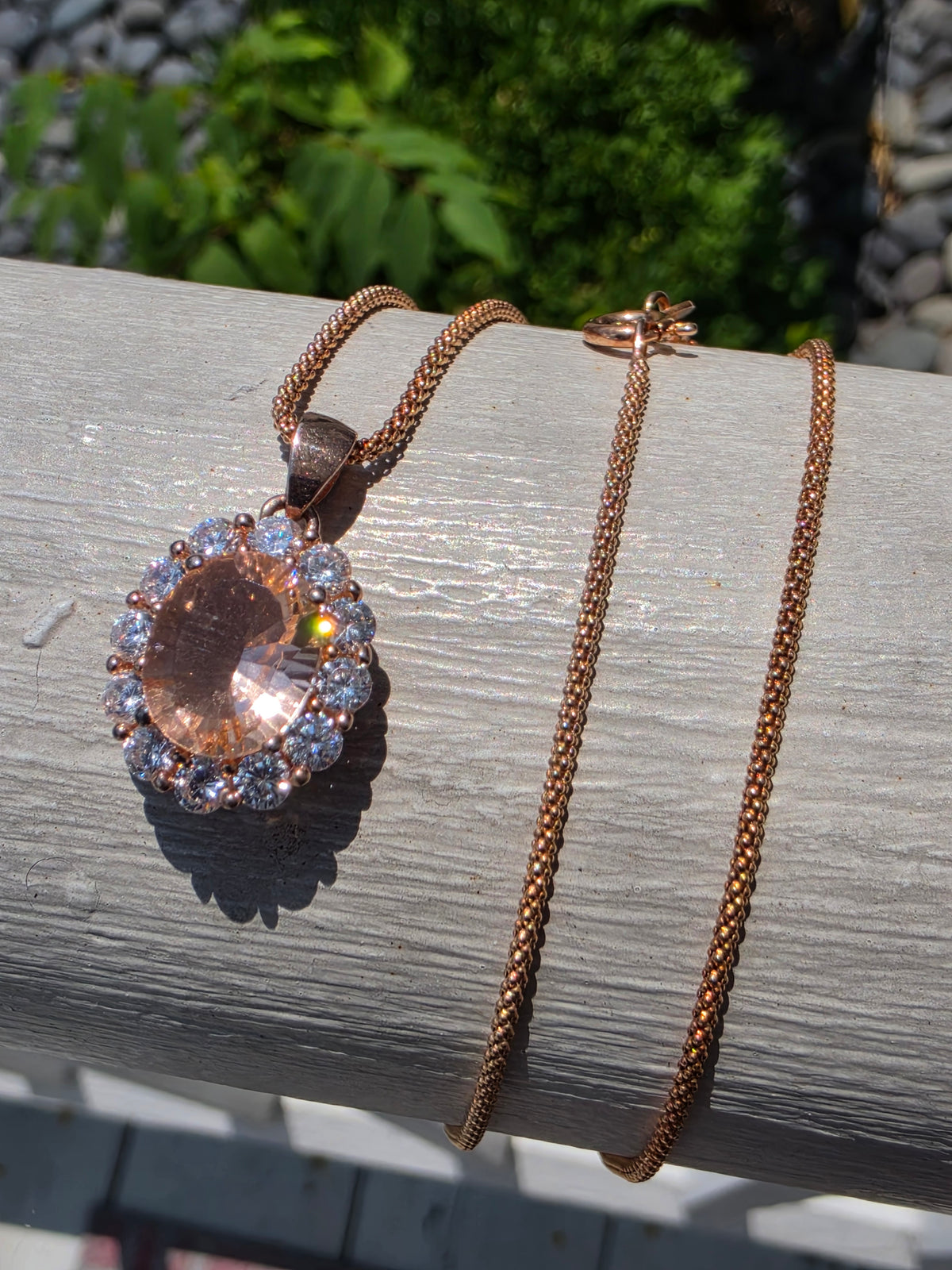 925 Sterling Silver Rose Vermeil Morganite & CZ Halo Solitare Necklace
