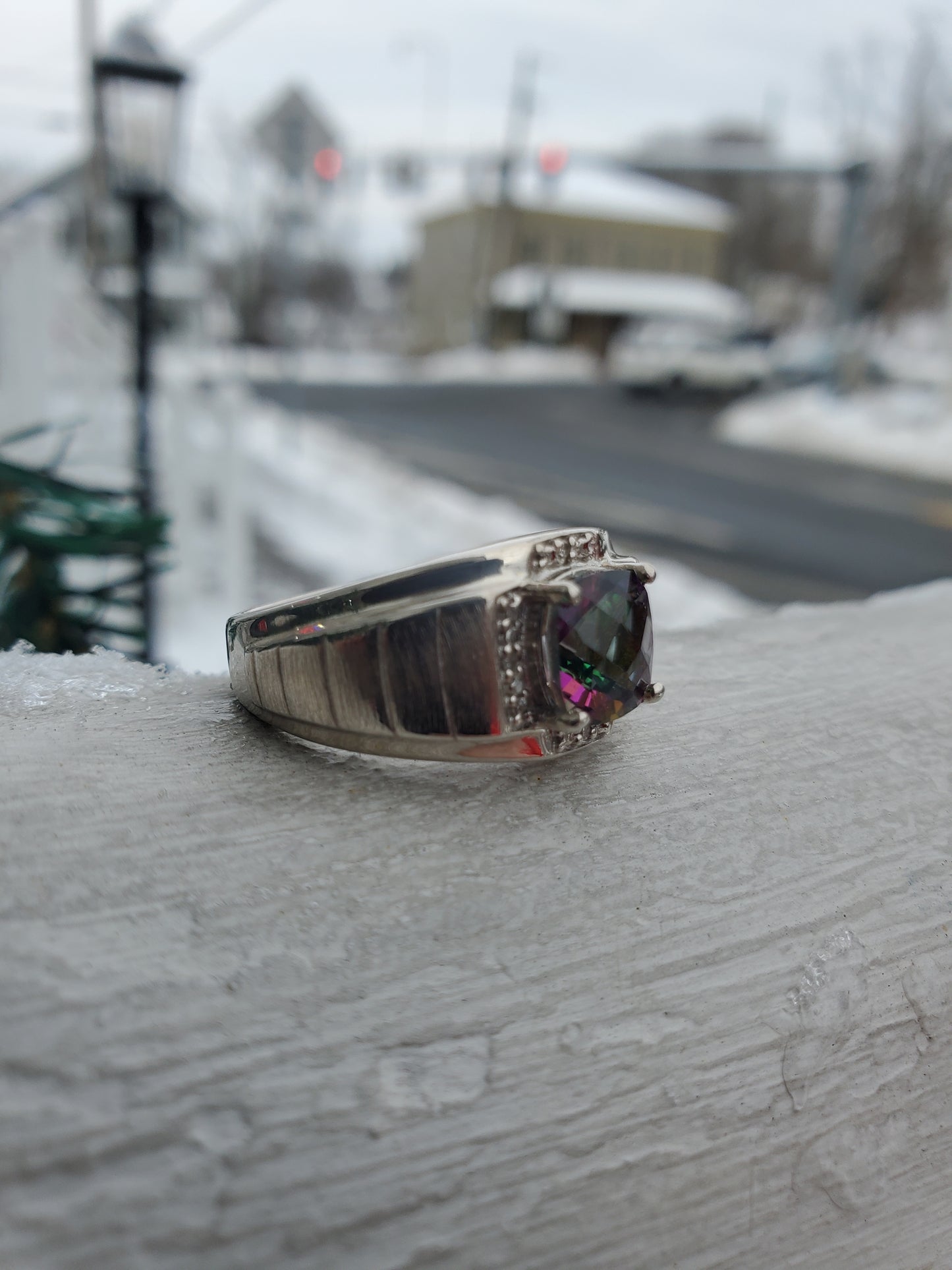 925 Sterling Silver Men's 2ct Cushion Cut Mystic Topaz & Diamond Solitare Ring