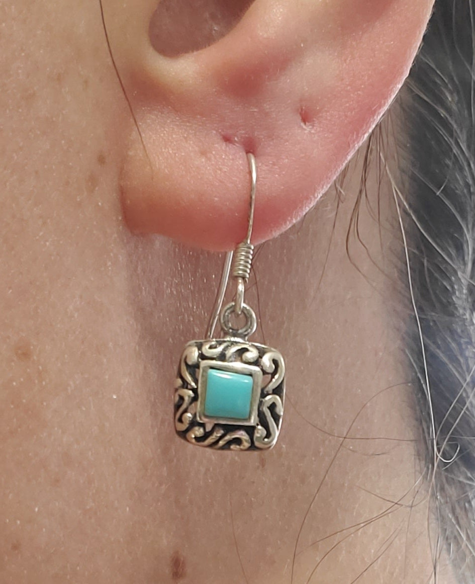 925 Sterling Silver Petite Turquoise Tile Filagre Dangling Earrings