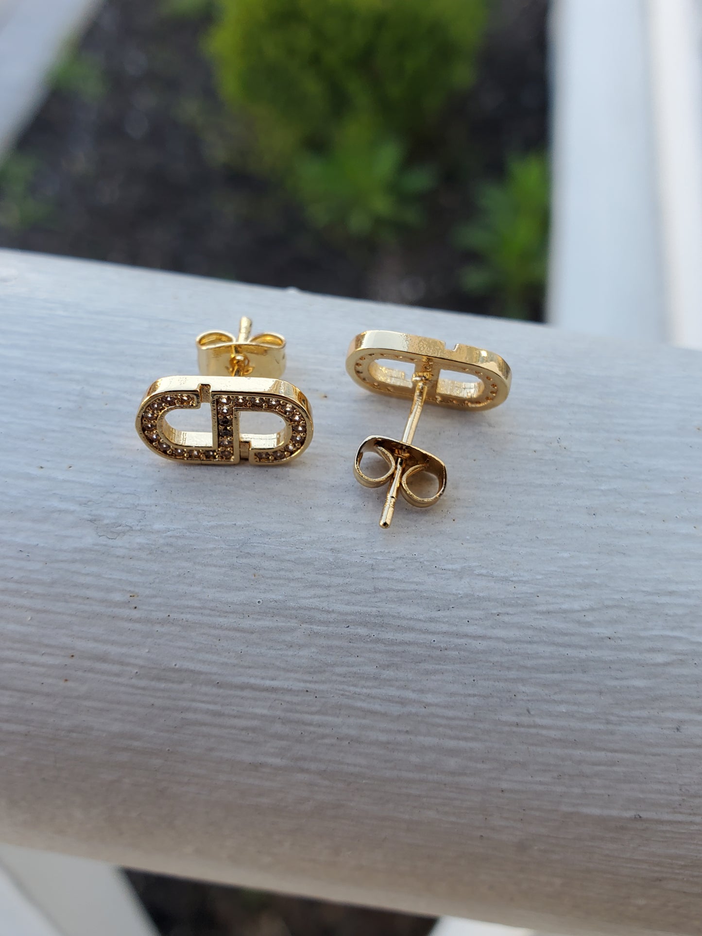 Gold Plated CD Christian Dior Lookalike CZ Stud Earrings