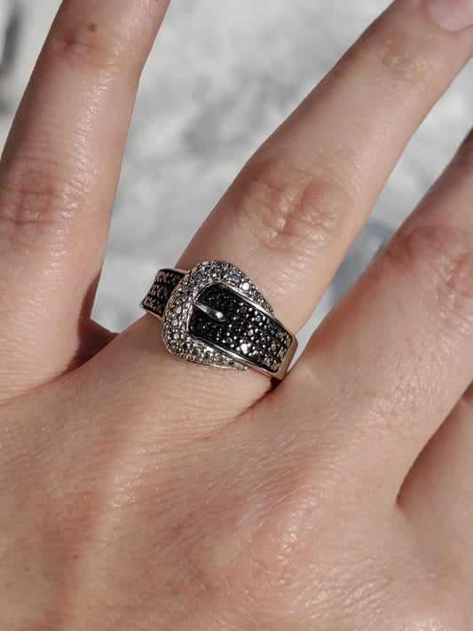 925 Sterling Silver Two-tone Black & Clear Zirconia CZ Belt Buckle Ring