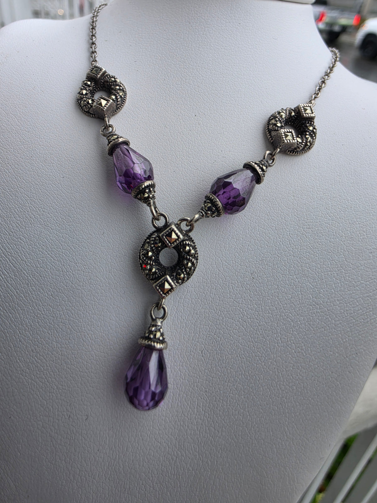 925 Sterling Silver Amethyst Crystal  & Marcasite Statement Necklace