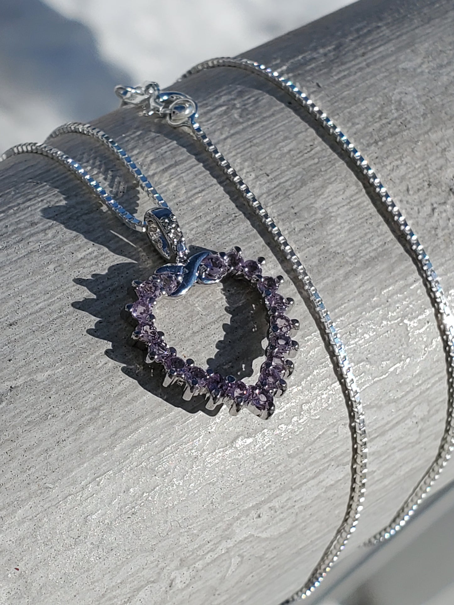 925 Sterling Silver Light Amethyst Open Heart Necklace