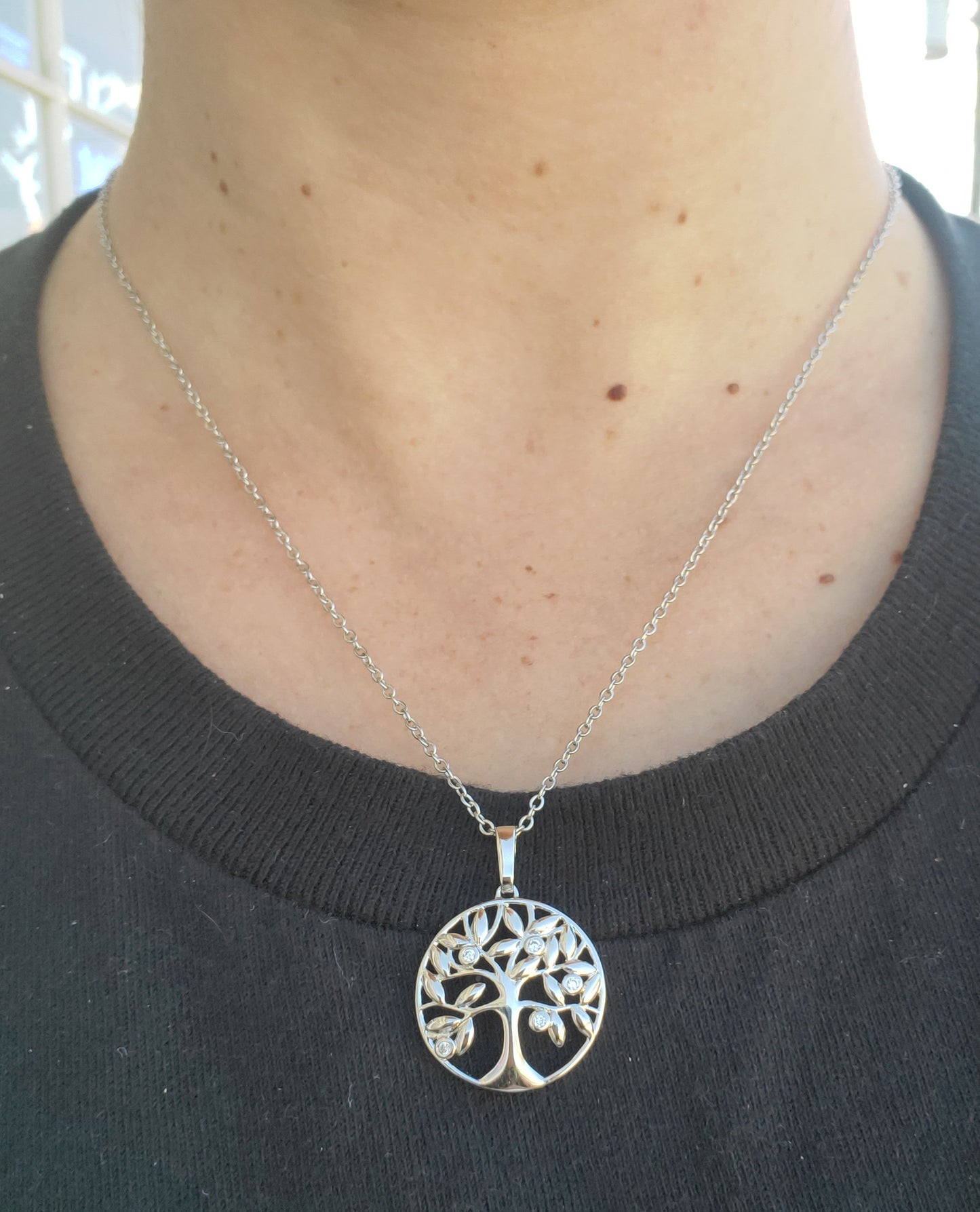 Stainless Steel Ladies Family Tree of Life clear zirconia Necklace