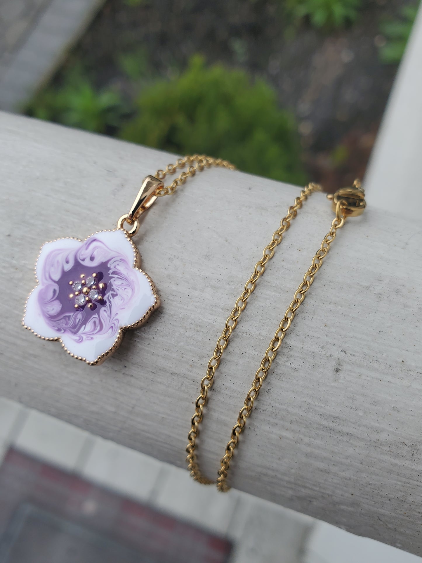 Stainless Steel Gold Plated Purple & White Enamel Floral Flower Necklace