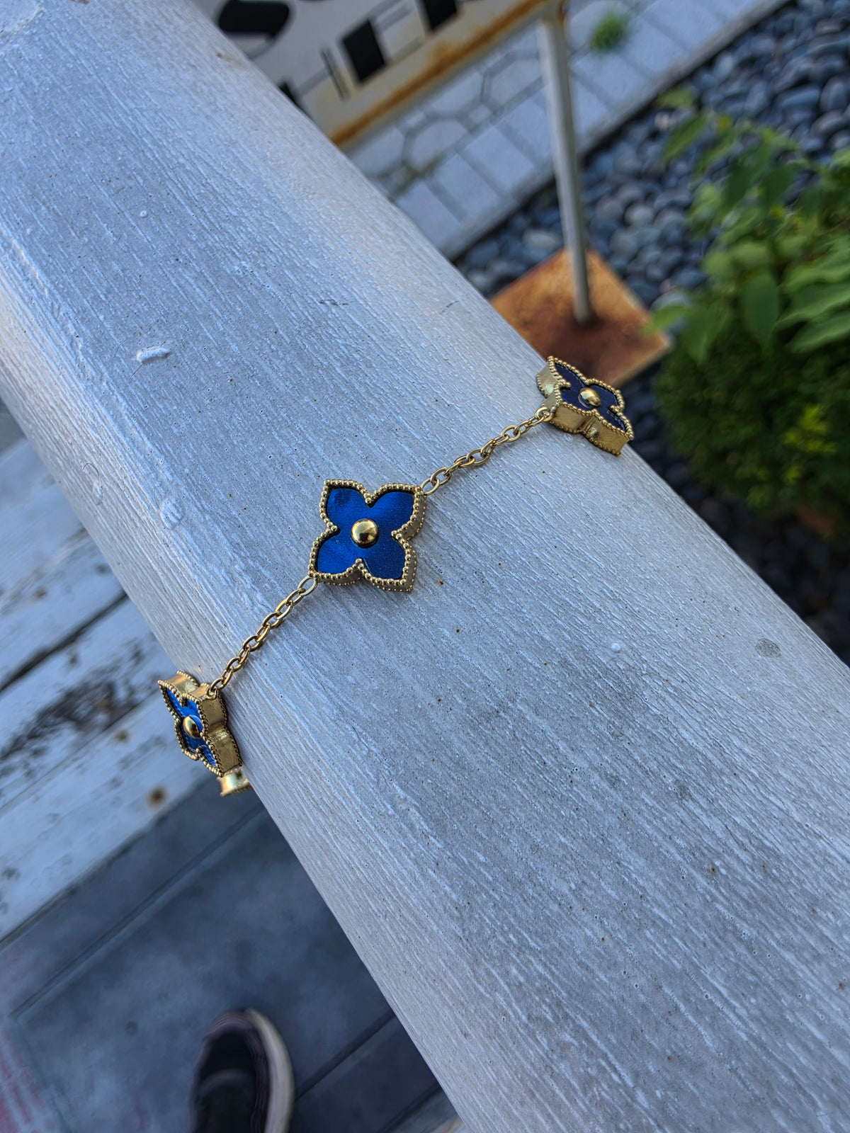 Stainless Steel Gold Vermeil Blue Clover Station Van Cleef Style Bracelet Adjustable 7"-9"