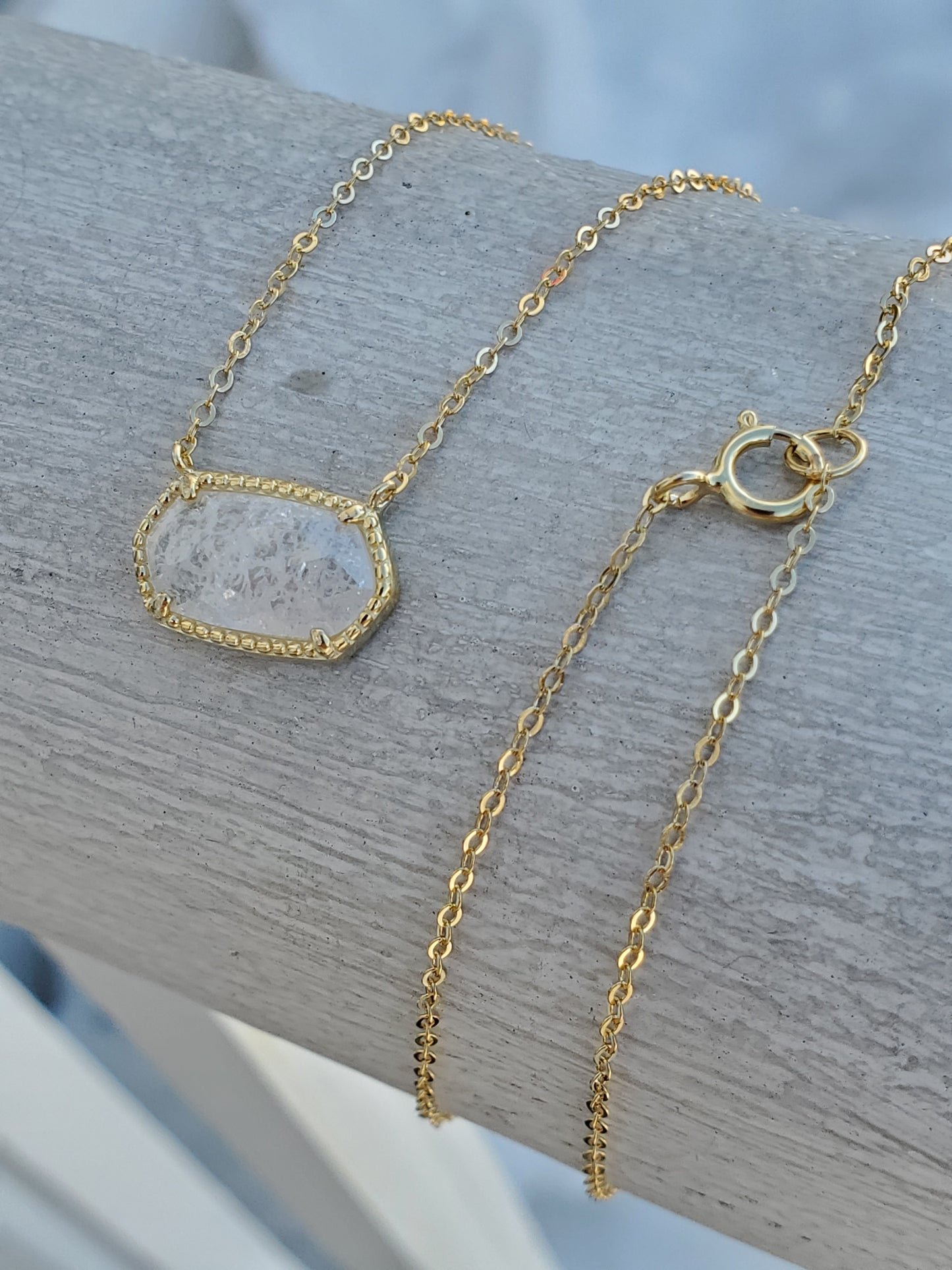 925 Sterling Silver Vermeil Kendra Scott Style Clear Crackle Quartz Crystal Necklace