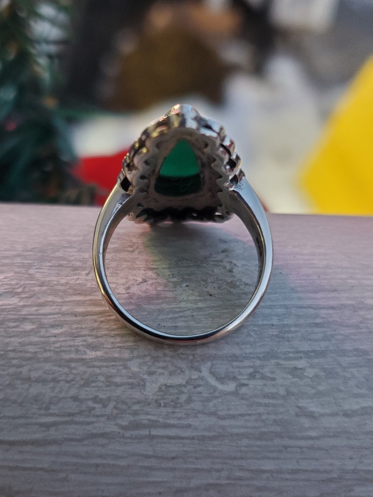 925 Sterling Silver Custom Cut Green Onyx & Marcasite Ring Size 8
