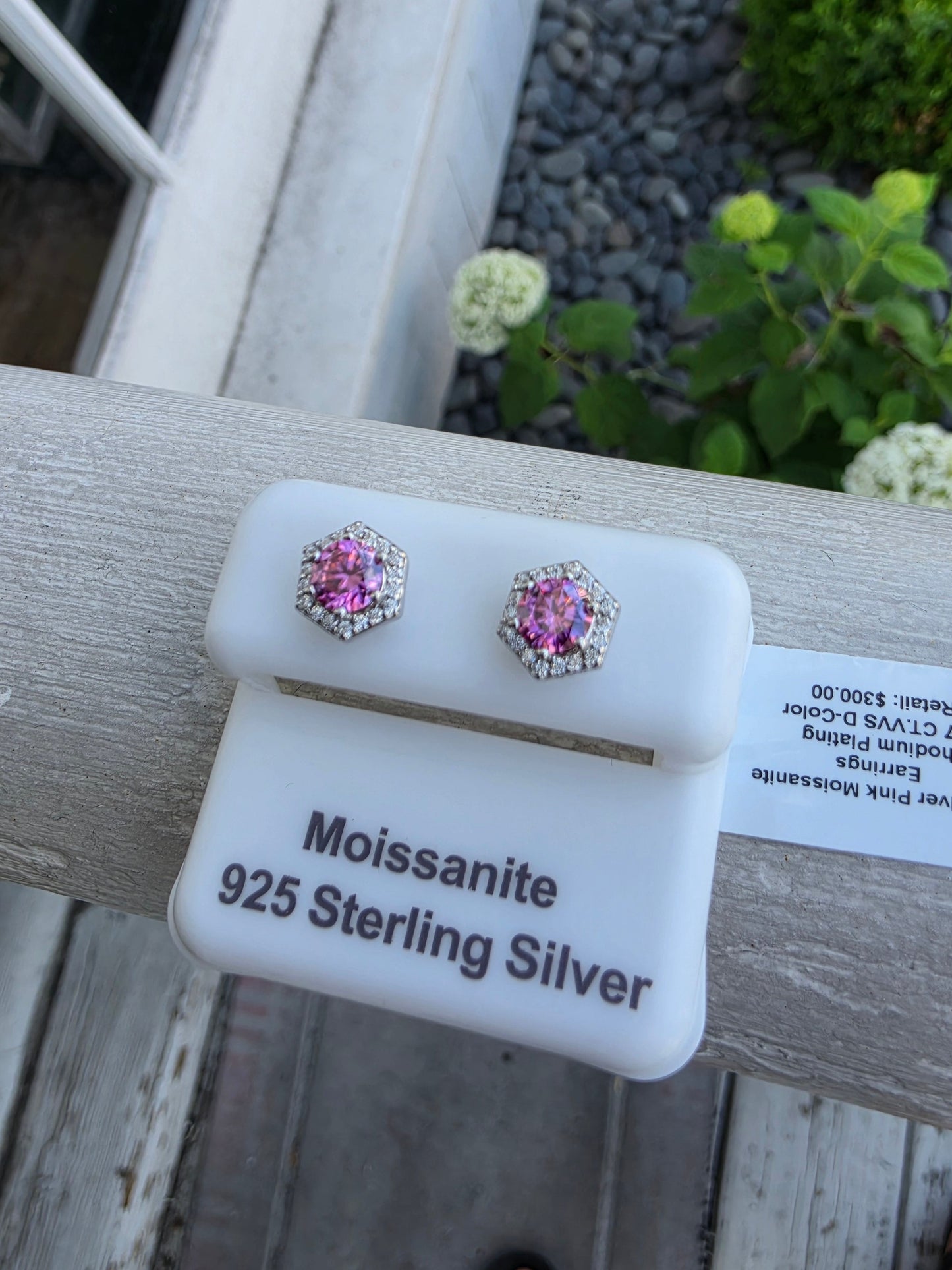 925 Sterling Silver Pink & Clear Moissanite Hexagonal Stud Earrings