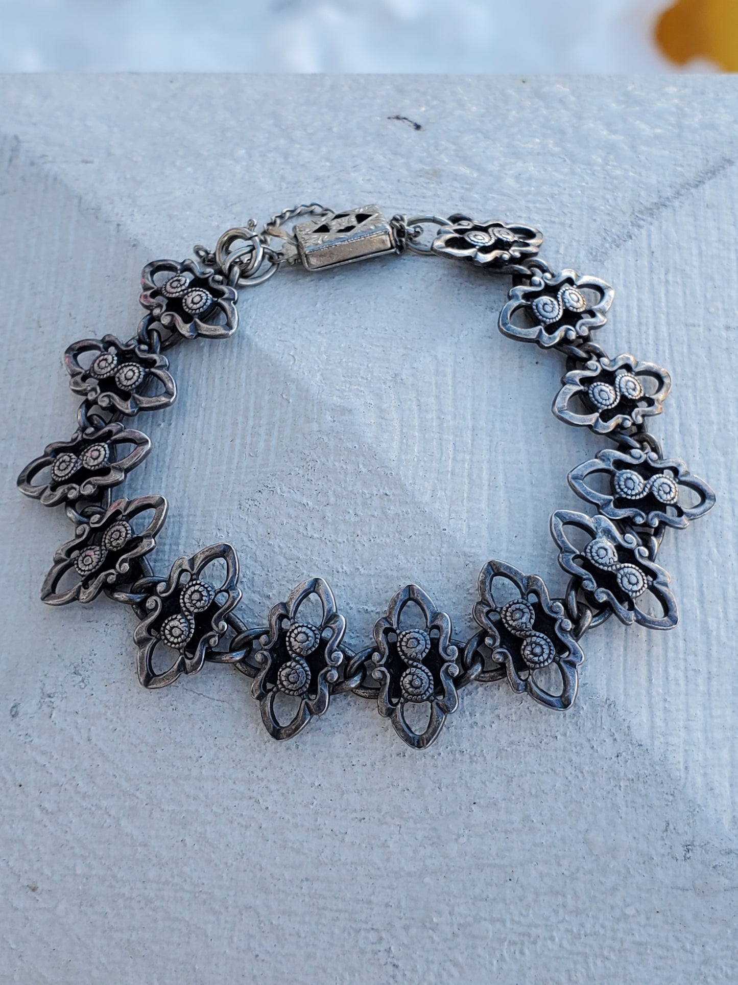 925 Sterling Silver Antique 100+ year old Art Deco Oxydized Filagre Link Bracelet w/safety chain