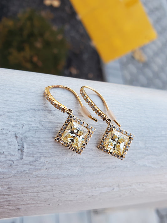 925 Sterling Silver Vermeil Princess Cut Canary Zirconia CZ Dangling Earrings