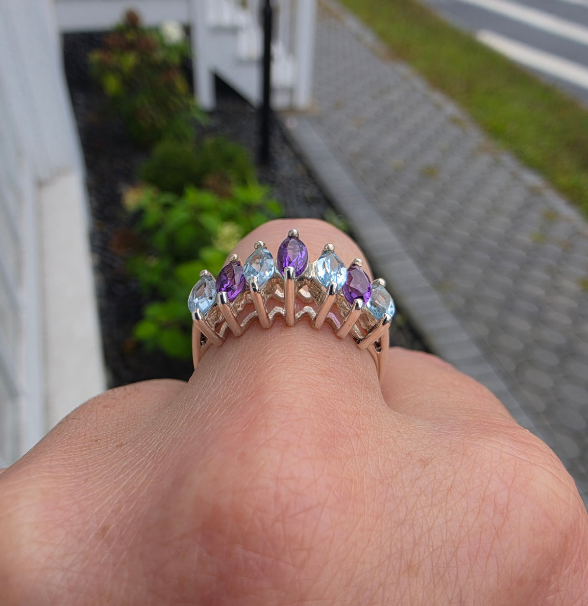 925 Sterling Silver Vintage Marquise Amethyst & Blue Topa Bridge Ring