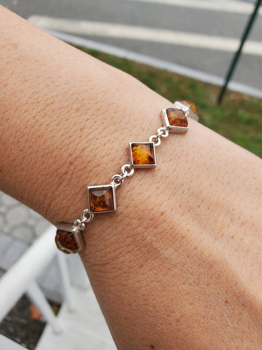 925 Sterling Silver Princess Cut Amber Bracelet