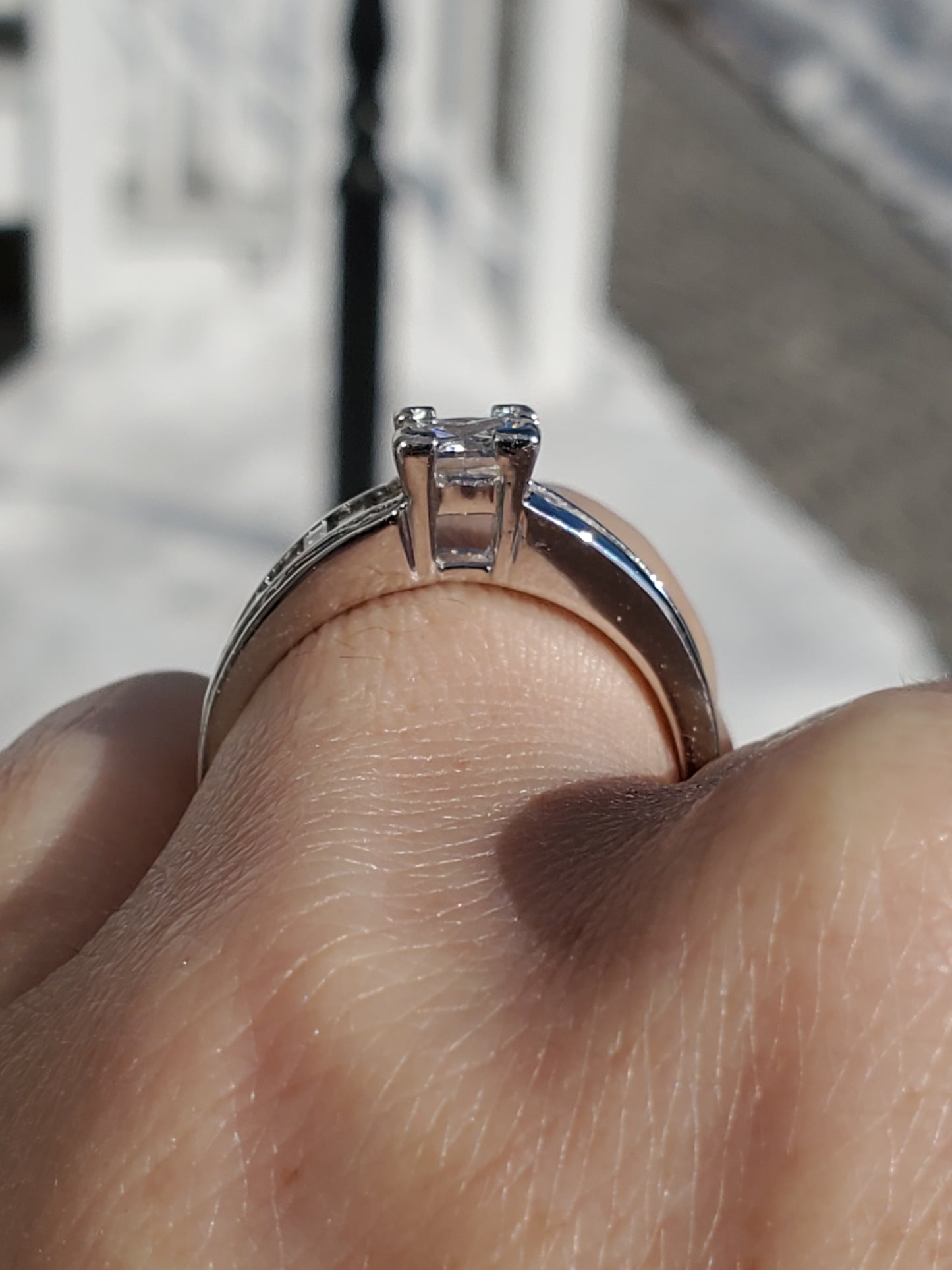 14k White Gold Natural Princess Cut Diamond Engagement Ring w/ channel set emerald cut sides