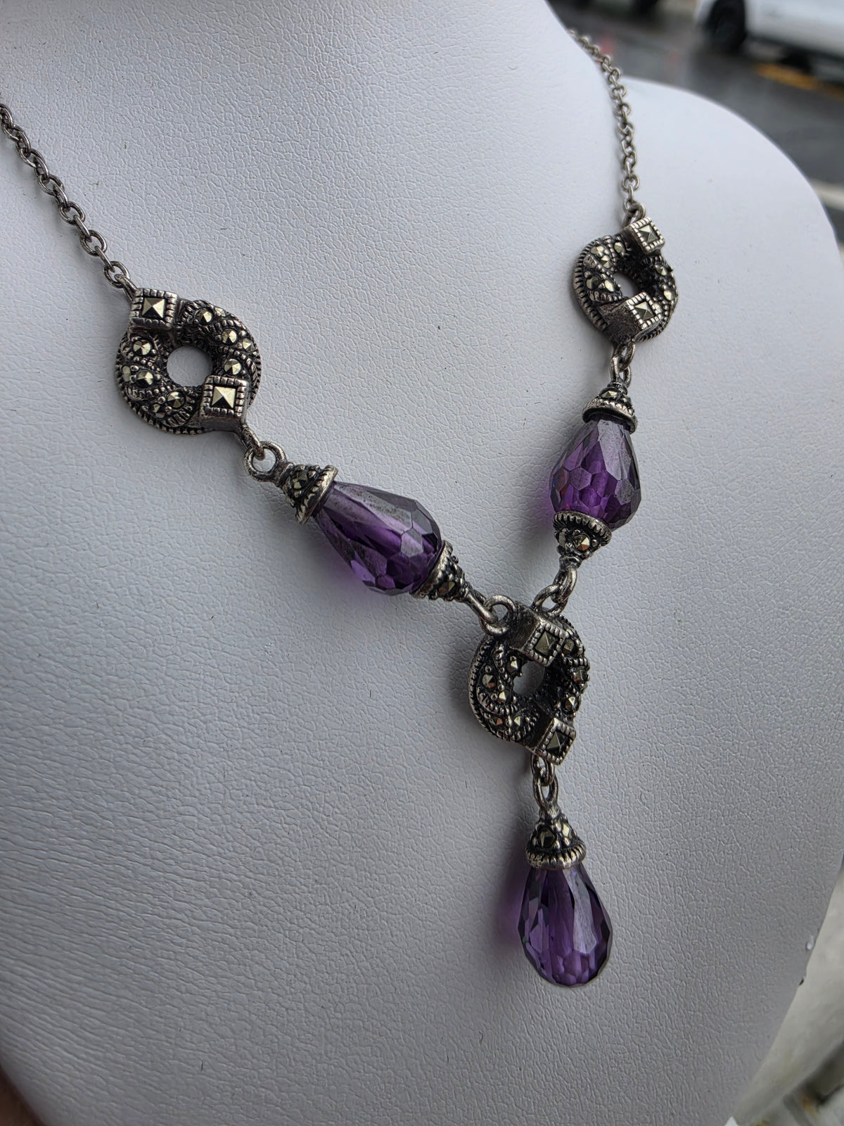 925 Sterling Silver Amethyst Crystal  & Marcasite Statement Necklace