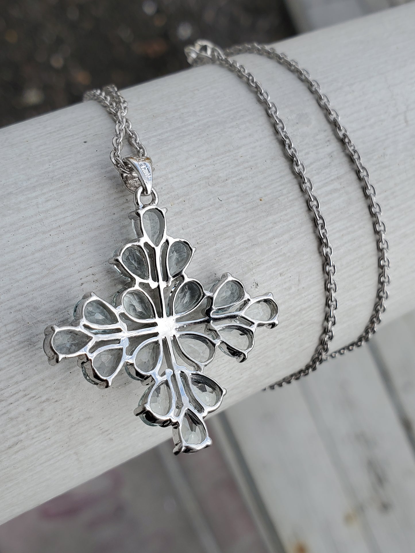 925 Sterling Silver Genuine Aquamarine Pear Shape Cross Cluster Pendant Necklace
