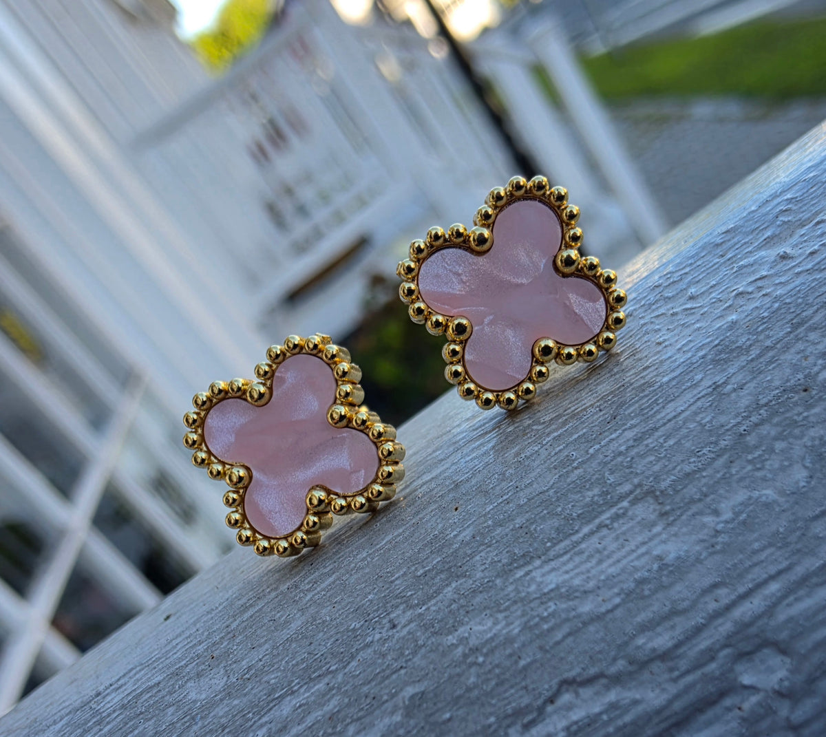 Stainless Steel Vermeil Pink Clover Van Cleef Style Post Stud Earrings