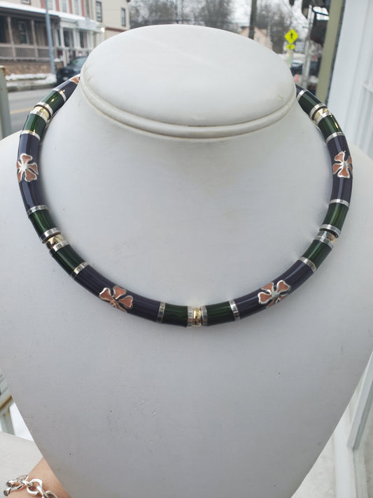 925 Sterling Silver Designer GASTON LEBO Flower Enamel Chocker Necklace