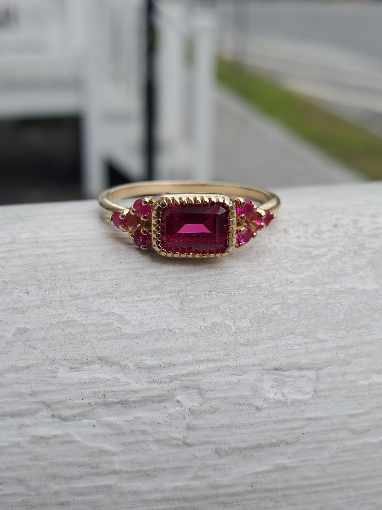 925 Sterling Silver Vermeil Simulated Ruby Emerald Cut Ring