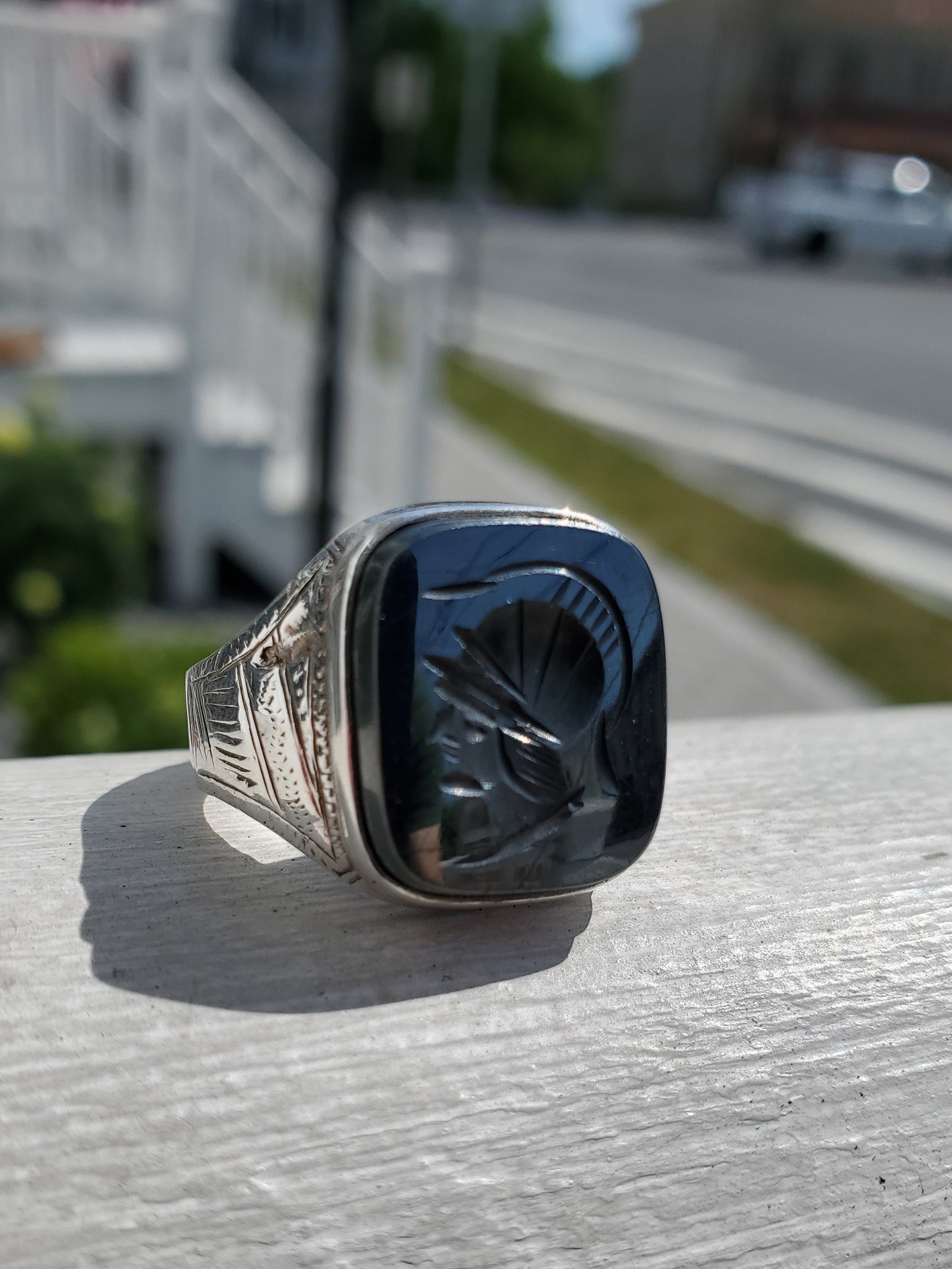 925 Sterling Silver Men's Hematite Intaglio Spartan Solider Signet Ring