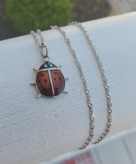 925 Sterling Silver Designer Wells Ladybug Enameled Necklace