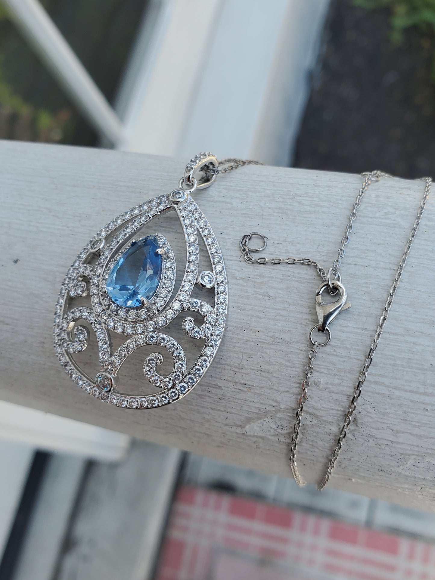 925 Sterling Silver 2ct Blue Topaz & Zirconia Large Teardrop Filagre Statement Necklace
