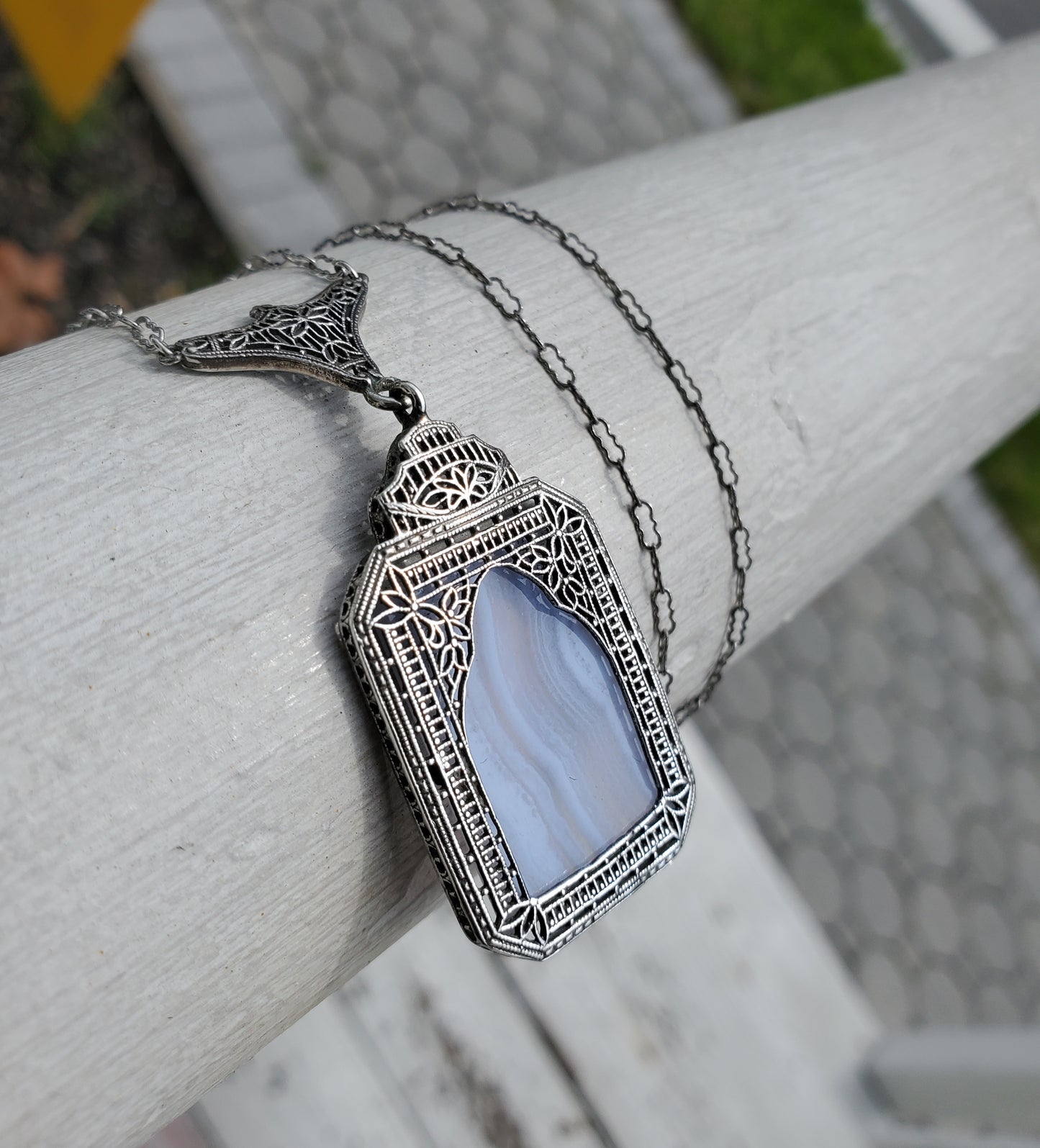925 Sterling Silver Antique Ladies Blue Lace Agate Art Deco Filagre Necklace