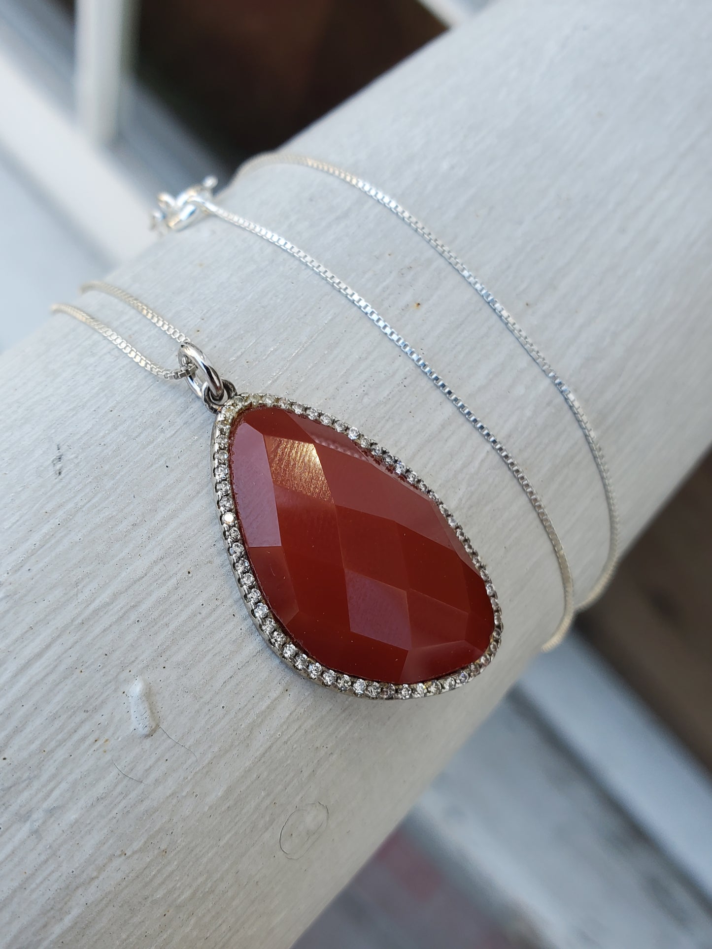 925 Sterling Silver Faceted Oblong Carnelian & Zirconia CZ Halo Pendant Necklace