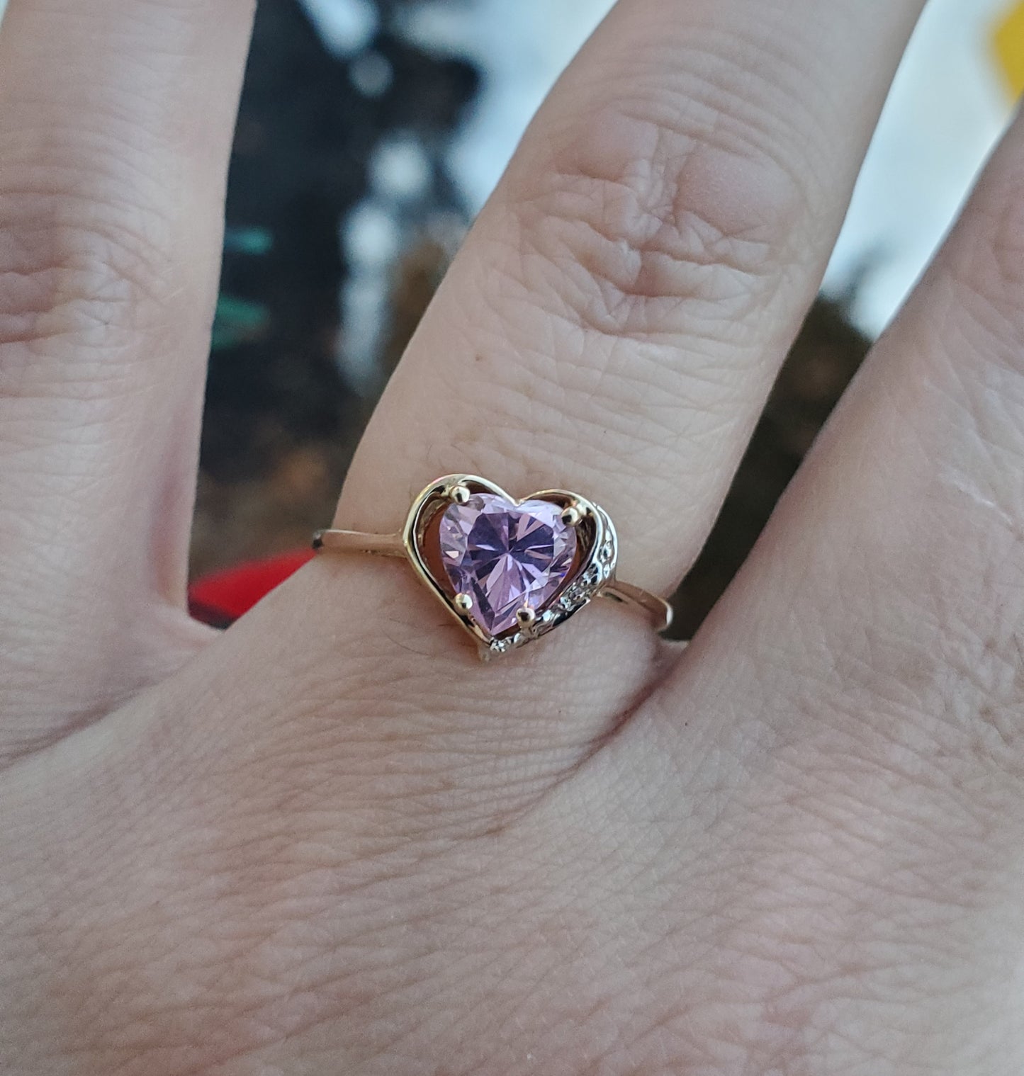 10k Solid Gold Petite Pink Crystal Heart Zirconia CZ Ring