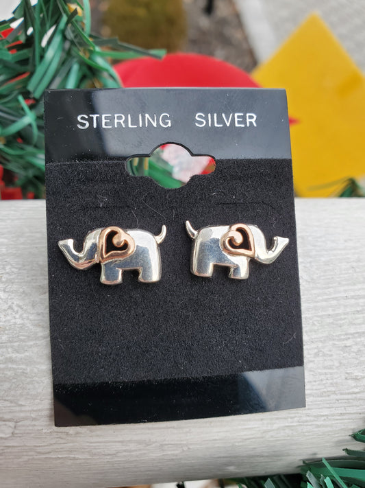 925 Sterling Silver 2tone Rose Vermeil Lucky Elephant Stud Earrings